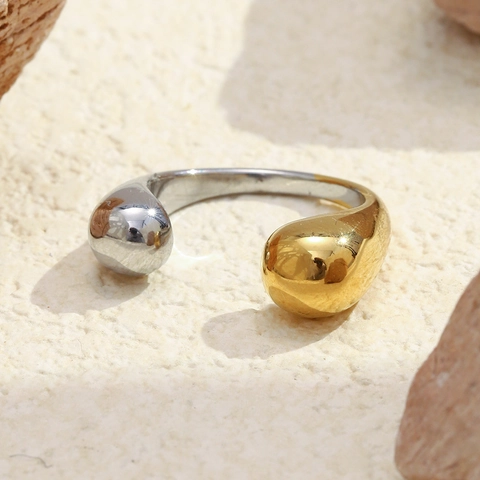 Minimalist Two Tone Open Ring Stainless Steel Gold Silver Plated Waterdrop Ball Geometric Jewelry For Women