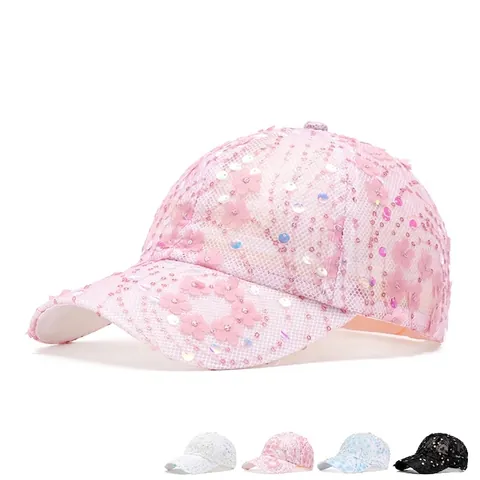 Casquette De Baseball Femme Dentelle Mesh 3D Fleurs Paillettes Respirant Réglable Protection Solaire Mode