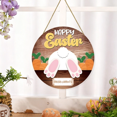 Targa Rotonda In Legno Per Porta Buona Pasqua Con Coniglio E Carote Decorazione Da Parete Rustica Per La Primavera