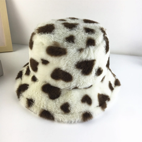 Sombrero De Pescador De Peluche Piel Sintética Cálido Invierno Patrón De Corazón Estampado De Vaca Rayas Arcoíris Mujer Dulce