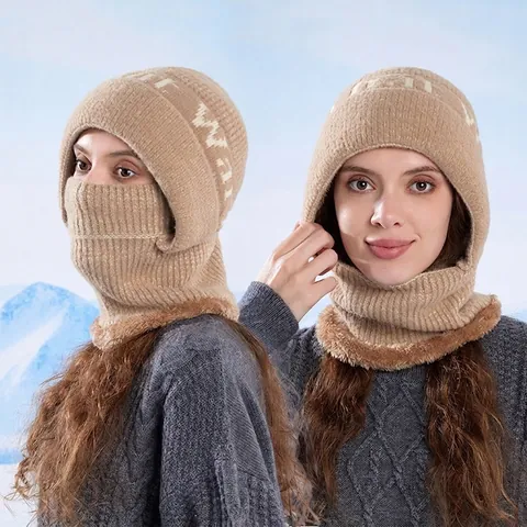 Pasamontañas De Punto Para Mujer Forro Polar Invierno Cálido Calentador De Cuello Máscara Cortavientos Protección De Oídos Grueso