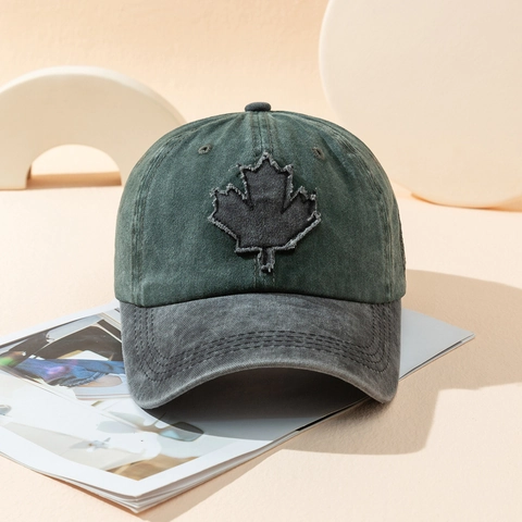 Vintage Washed Polyester Baseball Cap For Women Men Maple Leaf Patch Adjustable Sunshade Sports Hat Grey Green
