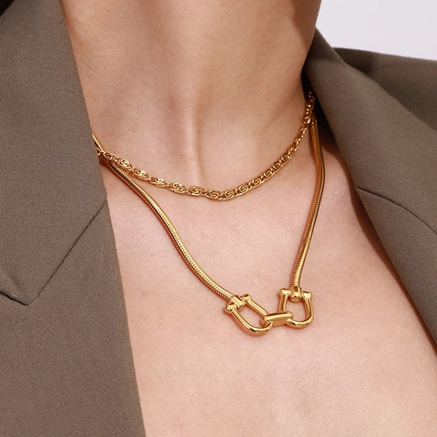 Tarnish Free Gold Double Layer Snake Chain Necklace Stainless Steel Horseshoe U-Shape Pendant Fashion Clavicle Jewelry Women