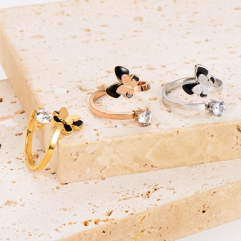 Anillo Abierto Mariposa Acero Inoxidable 304 Circón Incrustado Esmalte Negro Ajustable Joyería Moda Romántica Mujeres