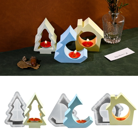 Silicone Mold Christmas Tree House Candle Holder Aromatherapy Tealight Base Handmade Craft DIY Home Decor