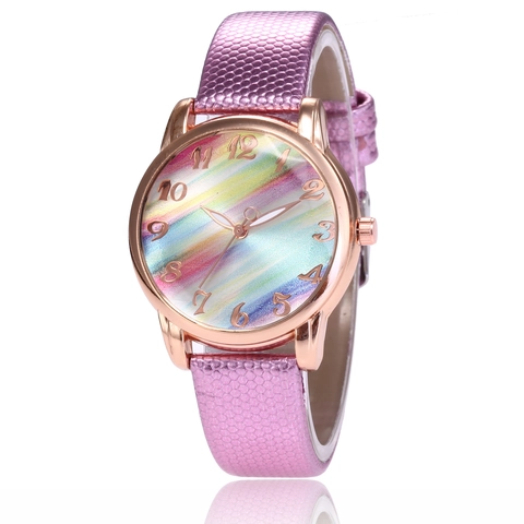 Reloj De Cuarzo Para Mujer Esfera Con Rayas De Arcoíris Caja De Aleación De Oro Rosa Correa De Cuero Sintético Con Patrón Moda