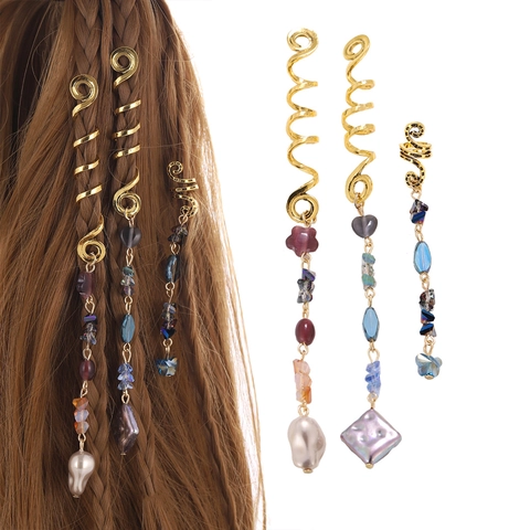 Braid Rings Hair Spirals Gold Alloy With Natural Stone Crystal Pendant Boho Ethnic Dreadlock Accessories For Women