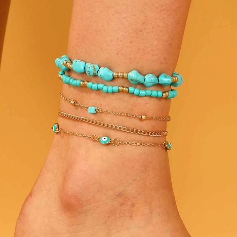 Juego Tobillera Pulsera Aleación Bohemio Mujer Vintage Mal de Ojo Mano de Fátima Grava Chapado Oro Joyería Playa Regalo
