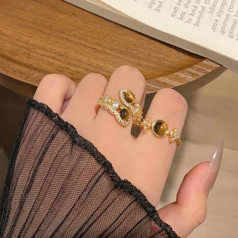 Tiger's Eye Ring 18K Gold Plated Retro Vintage Geometric Open Adjustable Finger Jewelry For Women Luxury Maillard Style
