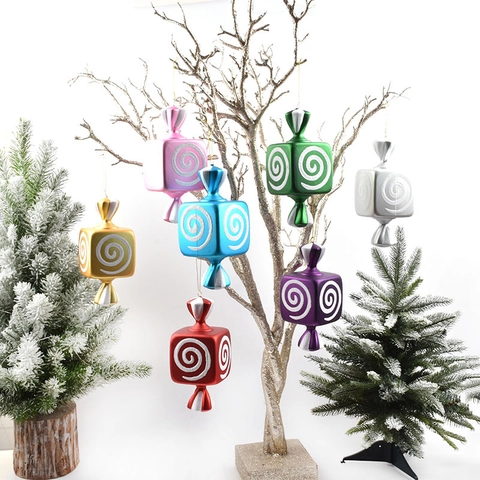Decorazioni Appese Caramelle Di Natale Plastica Galvanizzata Quadrata Torta Con Glitter A Spirale Bianchi Per Albero