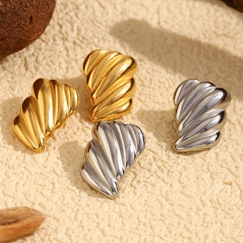 Pendientes De Botón Con Textura De Ala Simétrica De Acero Inoxidable Chapado En Oro De 18K Diseño De Concha Minimalista Para Mujer