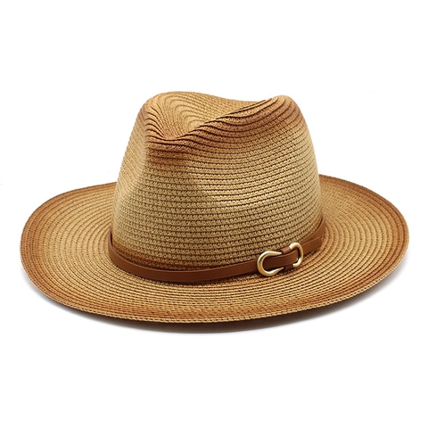 Gradient Straw Fedora Hat Woven Sun Protection Summer Beach Jazz Panama Hat With Leather Band And Metal Buckle Unisex