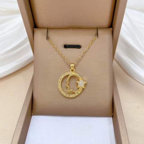 Star Moon Face Circle Pendant Necklace Titanium Steel Chain Copper Cubic Zirconia Elegant Luxury Jewelry Women