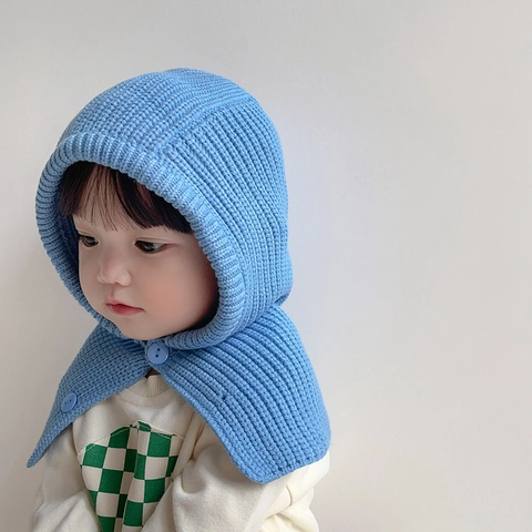 Bambini Maglia Balaclava Cappello Sciarpa Integrato Protezione Orecchie Caldo Inverno Berretti Con Bottoni Per Piccoli