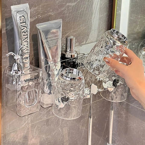 Portaspazzolino Da Muro Con Bicchieri In Plastica Trasparente Ondulata Ghiacciaio Senza Foro Organizzatore Bagno