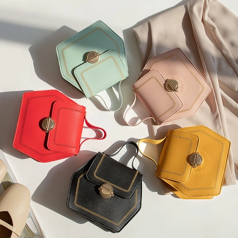 Hexagon Geometric Shoulder Crossbody Bag PU Leather Litchi Grain Gold Metal Twist Lock Minimalist Korean Fashion For Women