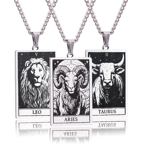 304 Stainless Steel Zodiac Tarot Card Pendant Necklace Vintage Retro Rectangular Constellation Tag Curb Chain Jewelry Men Women