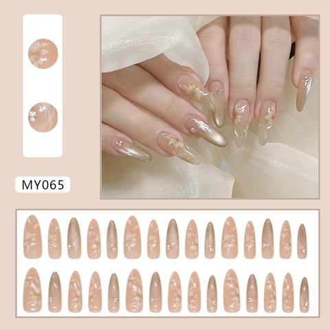 Almond Nägel Zum Aufpressen ABS Kunststoff Champagner Katzenauge Farbverlauf Weiße Blume Strass Elegant Abnehmbar Glänzend