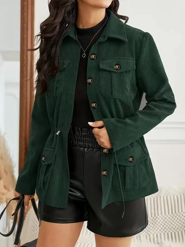 Dames Corduroy Shacket Jas Taille Met Trekkoord Knopen Lange Mouwen Cargo Zakken Casual Vintage Outwear