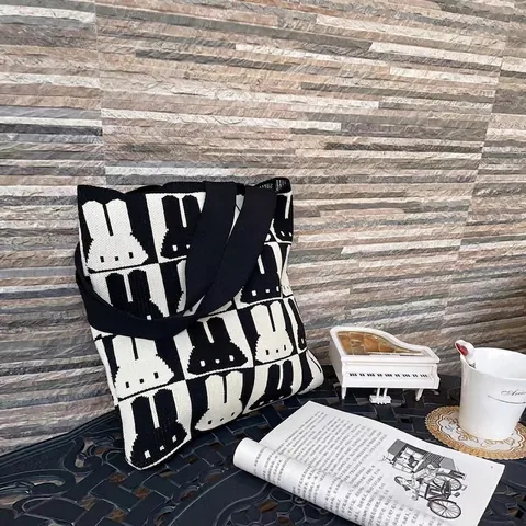 Cartoon Rabbit Knit Tote Bag Checkerboard Pattern Polyester Handbag Casual Soft Woven Shoulder Bag For Women