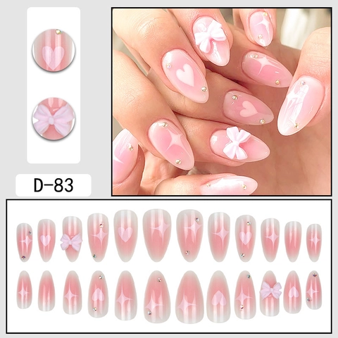 Rosa Farbverlauf Aufpressnägel 3D Schleife Herz Strasssteine Mandelform Glänzend Süßer Stil Maniküre Für Damen