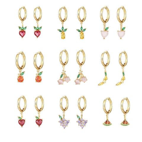 Fruit Hoop Earrings Copper Gold Plated Zircon Strawberry Cherry With 925 Sterling Silver Earring Post For Women