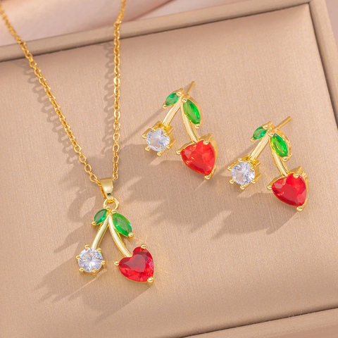 Cherry Jewelry Necklace And Earrings Titanium Steel Heart Red Gemstone Green Leaf Rhinestone Elegant Women Jewelry
