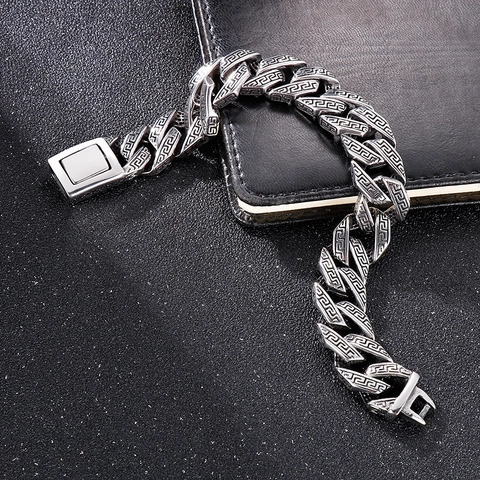Men 316L Stainless Steel Cuban Link Bracelet Greek Key Meander Pattern Interlocking Rings Heavy Punk Jewelry