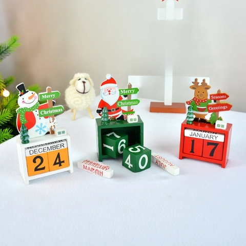 Christmas Wooden Perpetual Desk Calendar Blocks Santa Snowman Reindeer Countdown Date Month Display Holiday Table Ornament