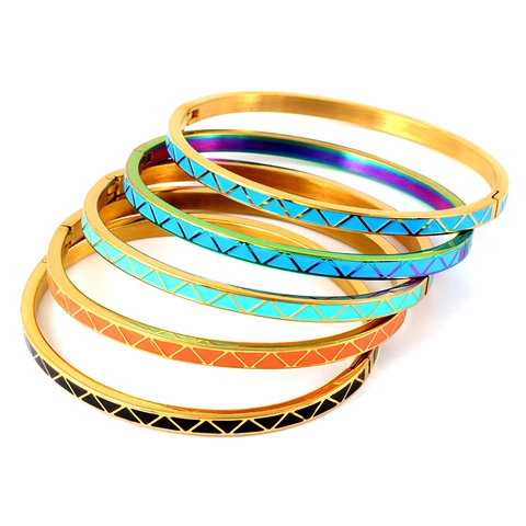 Stainless Steel Colorful Enamel Geometric Triangle Hinged Bangle Bracelet For Women Fashion Jewelry