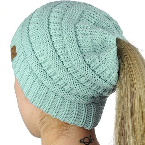 Women Winter Ponytail Beanie Hat Knitted Acrylic Warm High Bun Hole Messy Bun Soft Cable Ribbed Beanie Cap Casual Outdoor Headwear