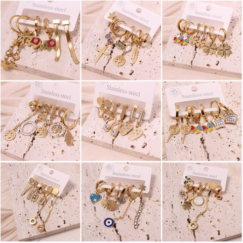 Stainless Steel 18K Gold Plated Earrings Evil Eye Tree Of Life Heart Clover Rhinestone Enamel Bohemian Trendy Jewelry Women