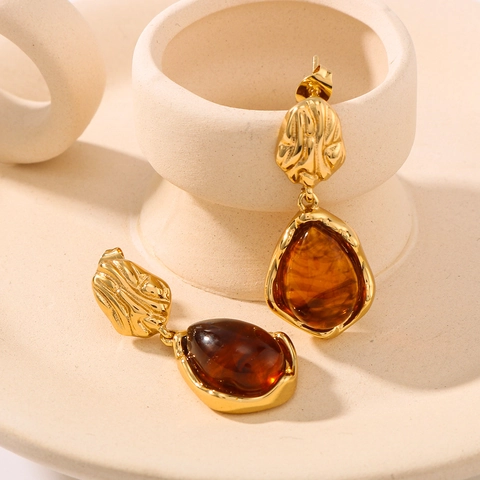 Vintage Stainless Steel 18K Gold Plated Resin Amber Water Drop Earrings Wrinkled Texture Irregular Drop Earrings For Women
