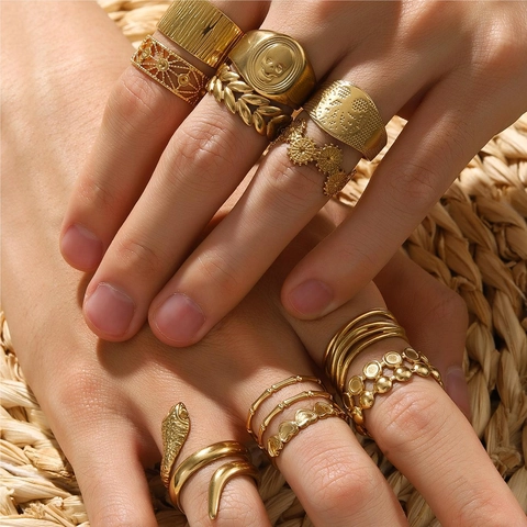 Retro Bohemian Adjustable Open Rings Stainless Steel 18K Gold Plated Snake Skull Heart Leaf Style Jewelry For Women