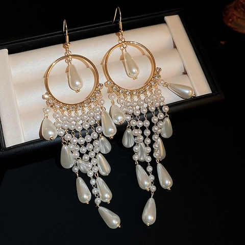 Pendientes Largos Borla Cobre Circón Imitación Perla Artificial Círculo Gota Agua Exagerado Elegante Vintage Para Mujeres