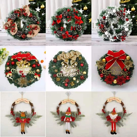 Christmas Wreath Artificial Pine Needles Rattan Bow Pine Cones Berries Merry Christmas Sign Door Hanging Festive Decor