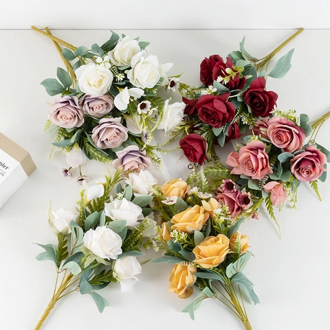 Realistic Multi-Head Rose Bouquet Satin Cloth Plastic Artificial Flowers Wedding Home Decoration Photography Props Elegant