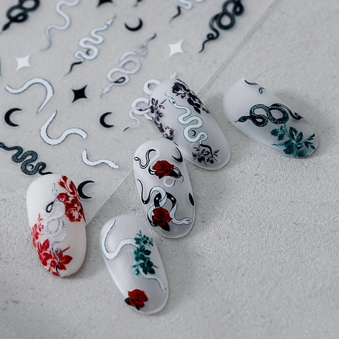 Gothic Snake Rose Nail Art Stickers Ultra Thin Matte Self Adhesive Moon Star Decals Dark Style DIY Manicure Decoration