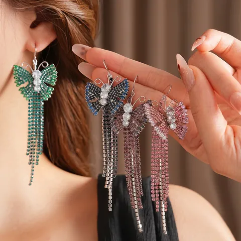Butterfly Tassel Earrings Vintage Zircon Rhinestone Copper Inlaid With 925 Sterling Silver Earring Post For Women