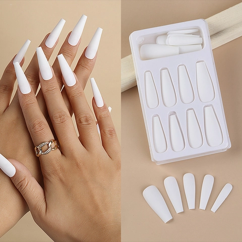 Uñas Postizas Coffin Largas Mate Uñas Artificiales Con Pegamento De Gelatina Y Lima Color Sólido Manicura Ballerina DIY Para Mujeres