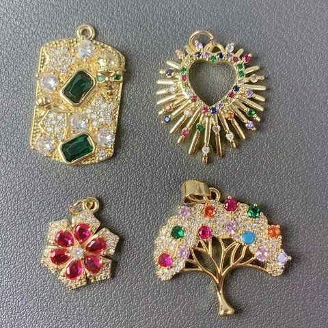 18K Gold Plated Copper Pendant Charm With Zircon Wishing Tree Heart Flower Shape For Women DIY Jewelry Accessory