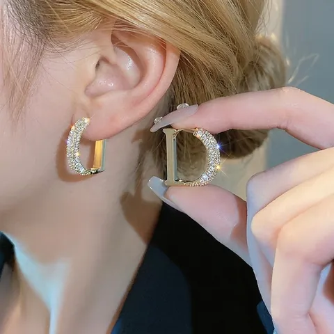 Letter D Huggie Hoop Earrings Pave Zircon Alloy With 925 Sterling Silver Earring Post Fashion Jewelry For Women