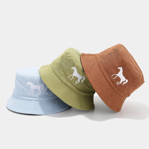 Cappello Da Pescatore Velluto A Coste Ricamo Cavallo Top Piatto Protezione Solare Casual Unisex Moda Pan