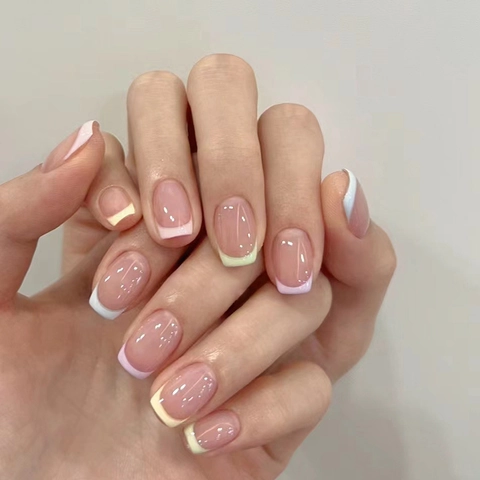 Square Round Short French Tip Press On Nails Glossy Summer Fresh Minimalist False Nails For Women