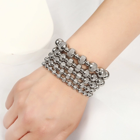 Stainless Steel Beaded Bracelet Elastic Silver Textured Metal Bead Jewelry For Women Men Punk Stackable Non Fading Stretch Bracelet Gift