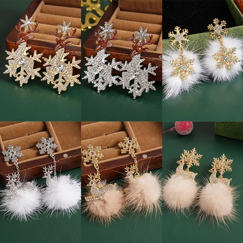 Orecchini Di Natale Strass Renna Fiocco Di Neve Albero Lega Con Perno Argento 925 Pompon Peluche Gioielli Donne