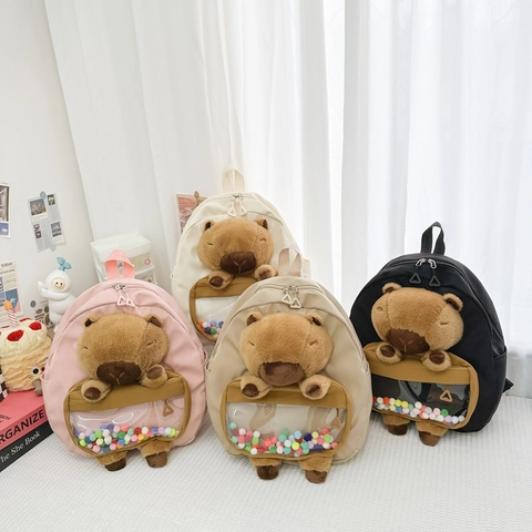 Mochila Para Niños Dibujos Animados Lindo Capibara Peluche Nylon Escolar Ventana Transparente Bolas De Colores Jardín De Infancia