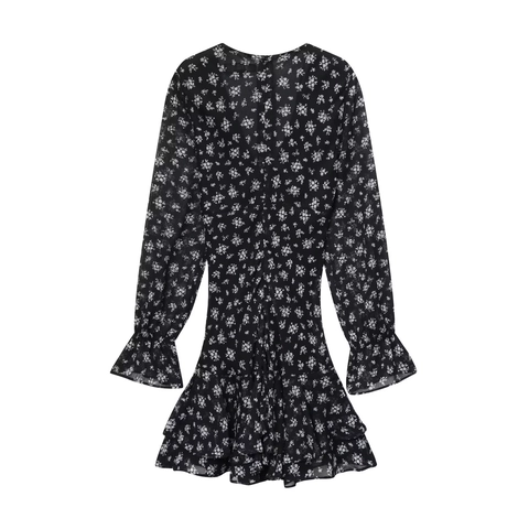 Bloemen Mini Jurk Dames Chiffon Lange Mouwen V-Hals Ruches Zoom Gelaagde Rok Elegant Zomer