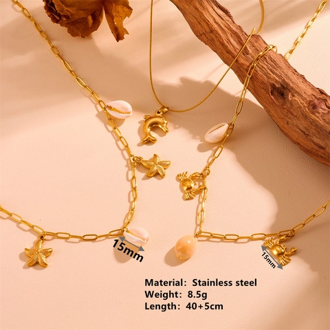 Ocean Theme Stainless Steel Necklace With Dolphin Starfish Shell Crab Pendants Summer Beach Jewelry For Women