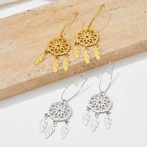 Boucles D'oreilles Pendantes Attrape-Rêves Acier Inoxydable Cercle Toile Évidée Pendentifs Plumes Style Bohème Ethnique Bijoux